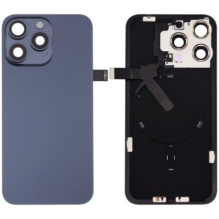 iPhone 15 Pro Max (No Logo) (Blue Titanium) Back Glass With Steel Plate With Wireless NFC Charging MagSafe Magnet & Flashlight Flex